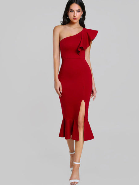 One Shoulder Slit Fishtail Midi Dress Flounce Elegant Empire Clubwear