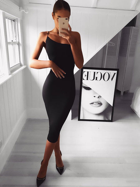 One Shoulder Cocktail Dress Spaghetti Straps Shaping Bodycon Dress