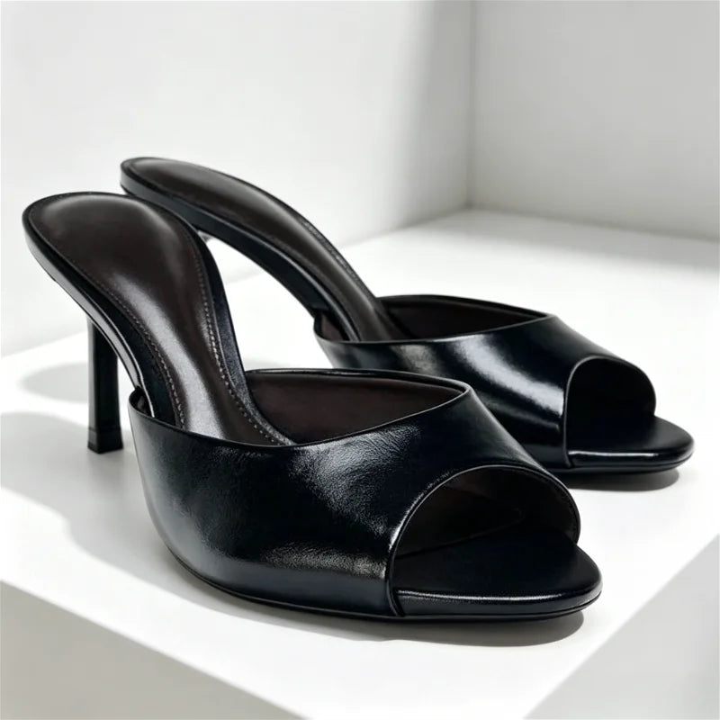 Peep Toe Soft Leather Slippers Elegant High Heel