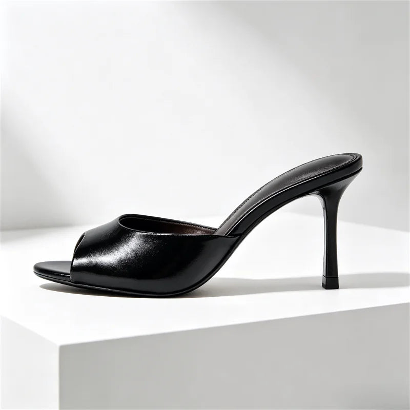 Peep Toe Soft Leather Slippers Elegant High Heel