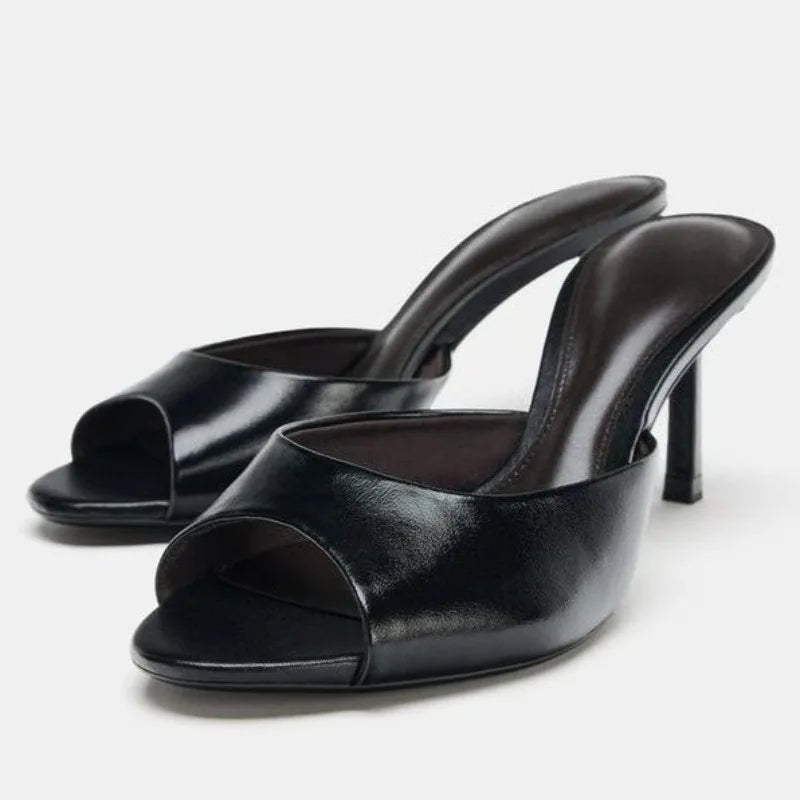 Peep Toe Soft Leather Slippers Elegant High Heel