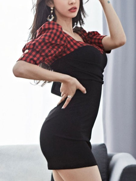 Sweetheart Layered Zipper Plaid Half Sleeves Bodycon Dress