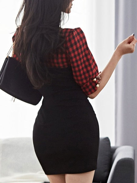 Sweetheart Layered Zipper Plaid Half Sleeves Bodycon Dress