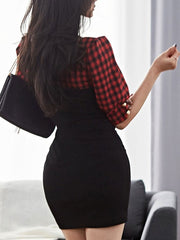 Sweetheart Layered Zipper Plaid Half Sleeves Bodycon Dress