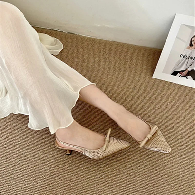 Pointed Toe Bow Back Strap Pumps Luxury Bling Rhinestone Branded Designer Shoes