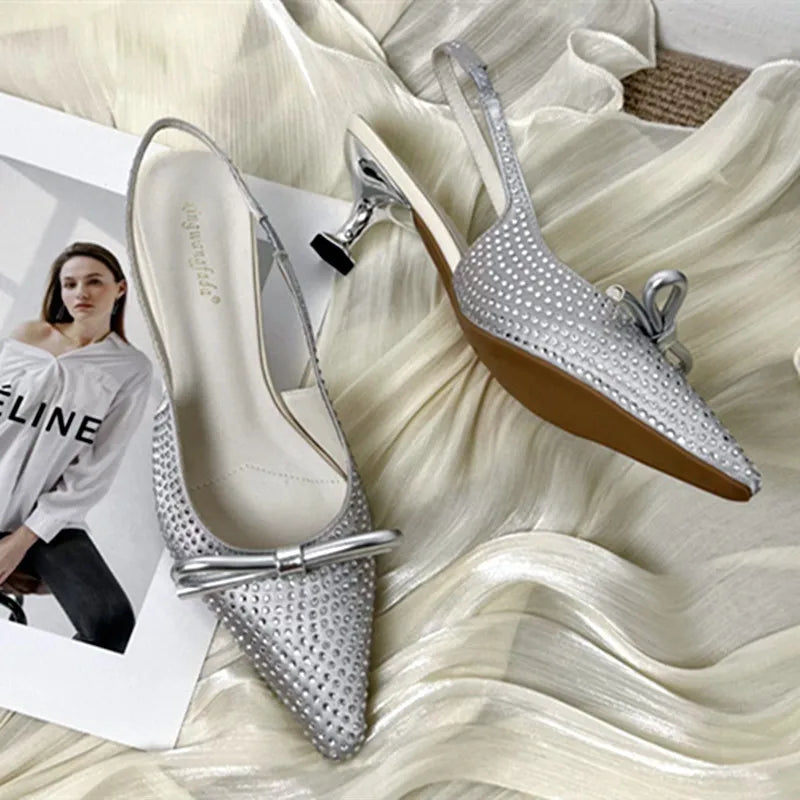 Pointed Toe Bow Back Strap Pumps Luxury Bling Rhinestone Branded Designer Shoes