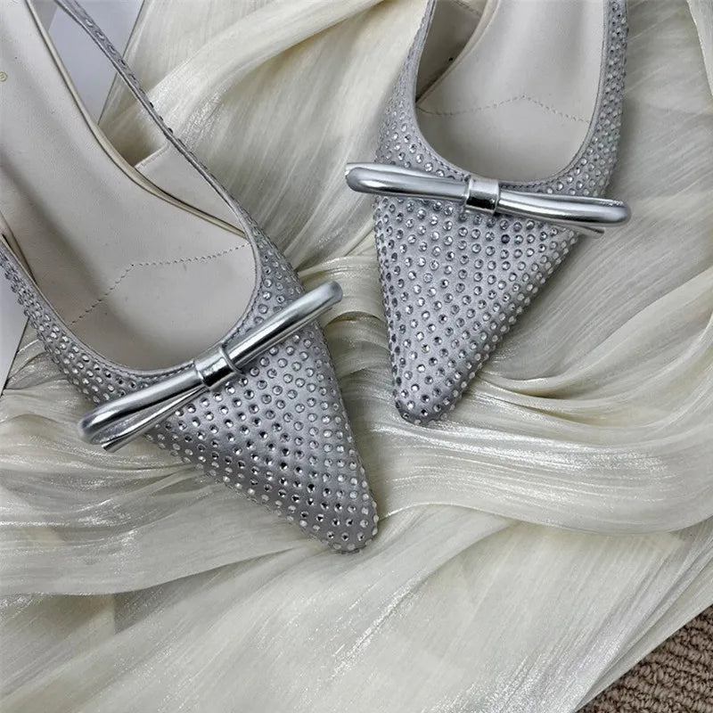 Pointed Toe Bow Back Strap Pumps Luxury Bling Rhinestone Branded Designer Shoes