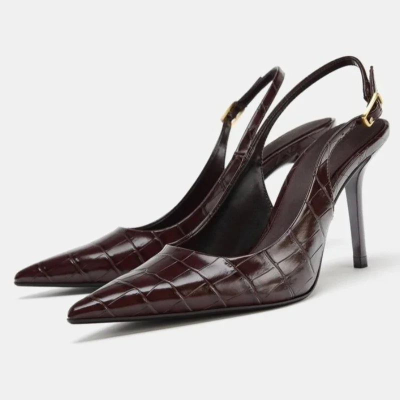 Pointed Toe Embossed Top Leather Thin High Heel