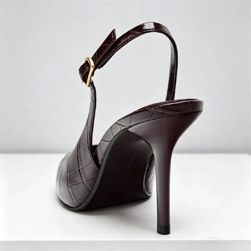 Pointed Toe Embossed Top Leather Thin High Heel
