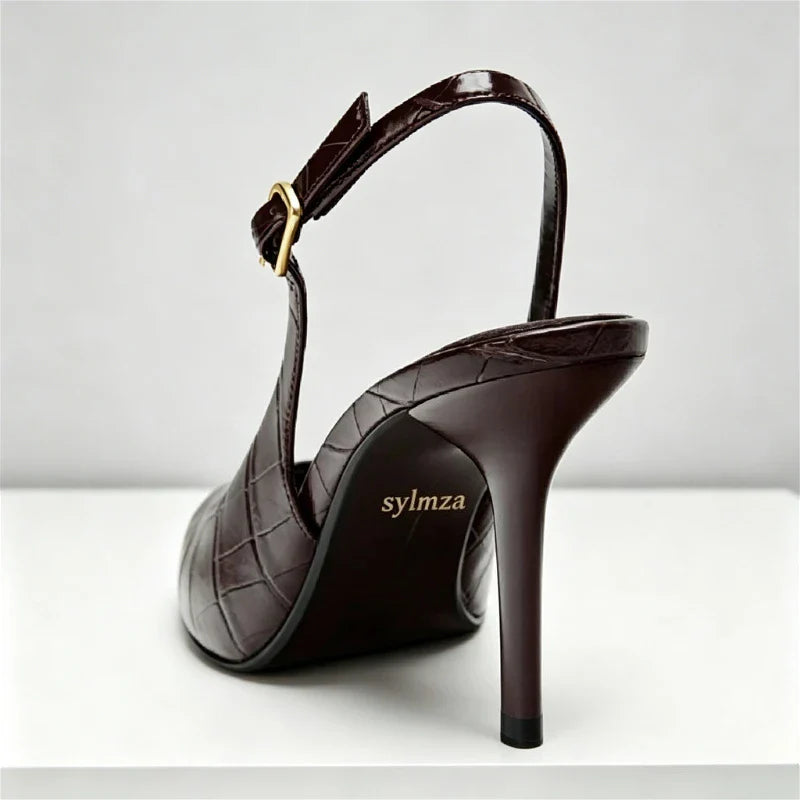 Pointed Toe Embossed Top Leather Thin High Heel