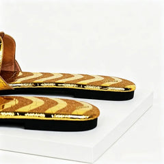 Pointed Toe Gold Silver Flat Sandals Faux Metal Embossed Design Slippers Light Non-Slip Slide Sandals Beach Shoes