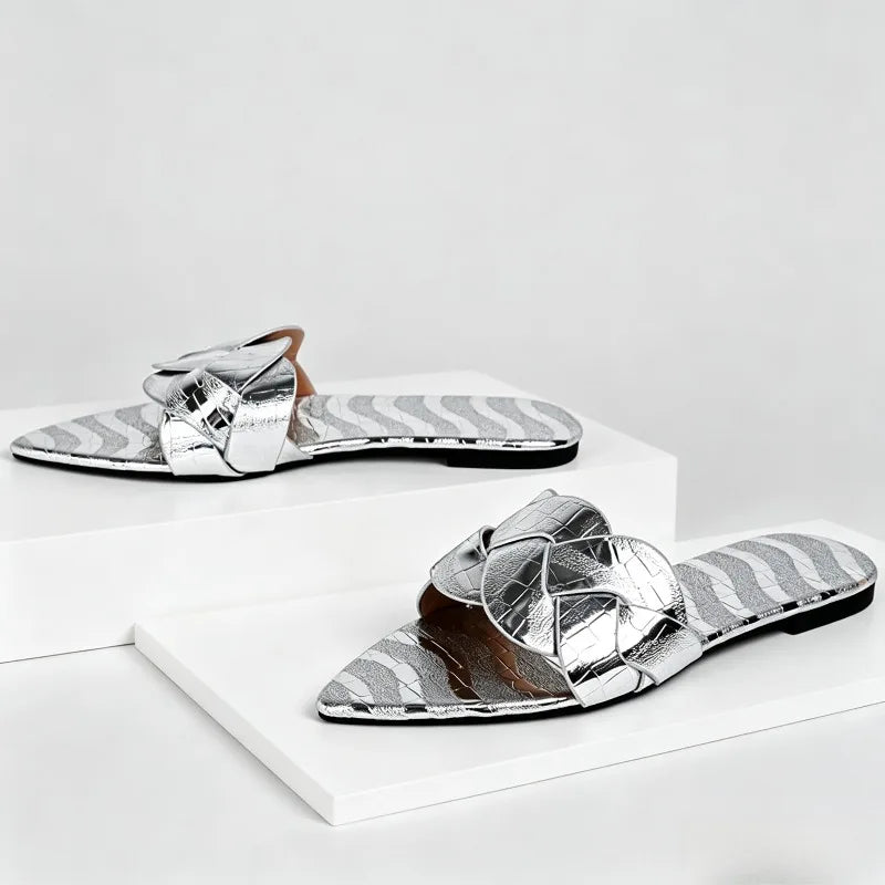Pointed Toe Gold Silver Flat Sandals Faux Metal Embossed Design Slippers Light Non-Slip Slide Sandals Beach Shoes