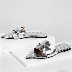 Pointed Toe Gold Silver Flat Sandals Faux Metal Embossed Design Slippers Light Non-Slip Slide Sandals Beach Shoes