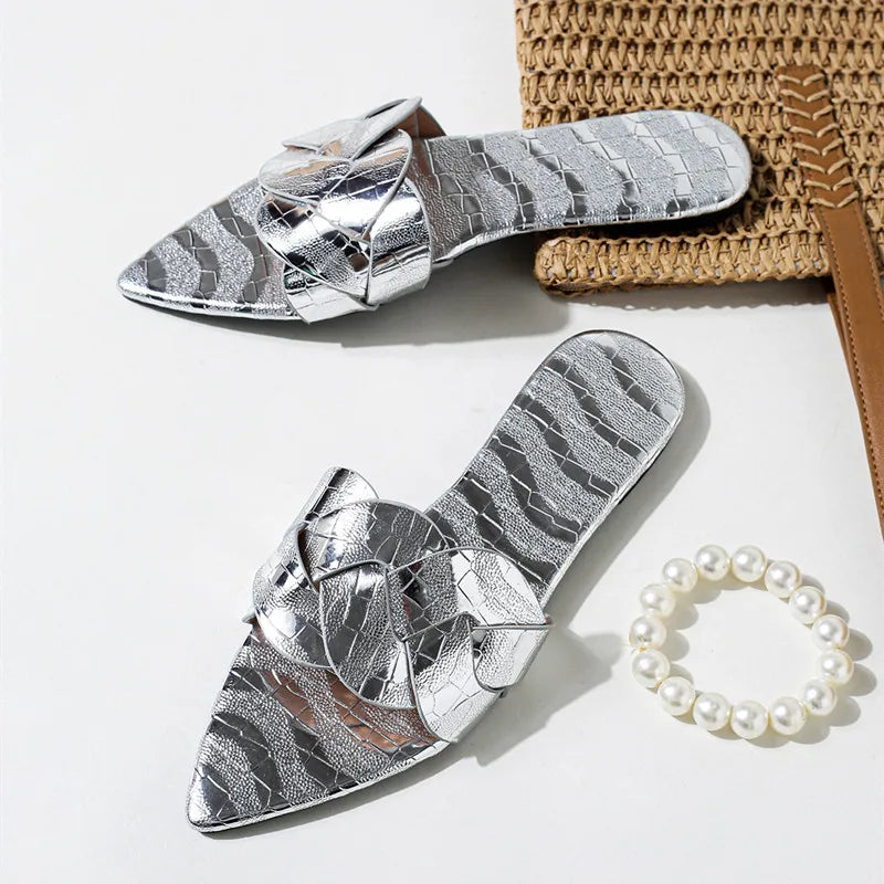 Pointed Toe Gold Silver Flat Sandals Faux Metal Embossed Design Slippers Light Non-Slip Slide Sandals Beach Shoes