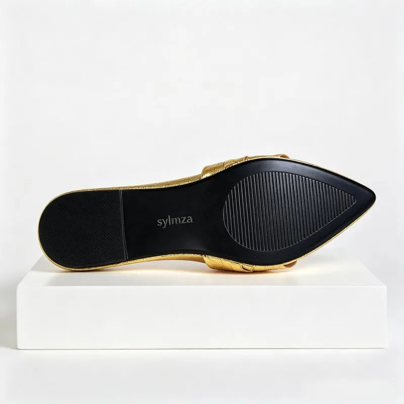 Pointed Toe Gold Silver Flat Sandals Faux Metal Embossed Design Slippers Light Non-Slip Slide Sandals Beach Shoes