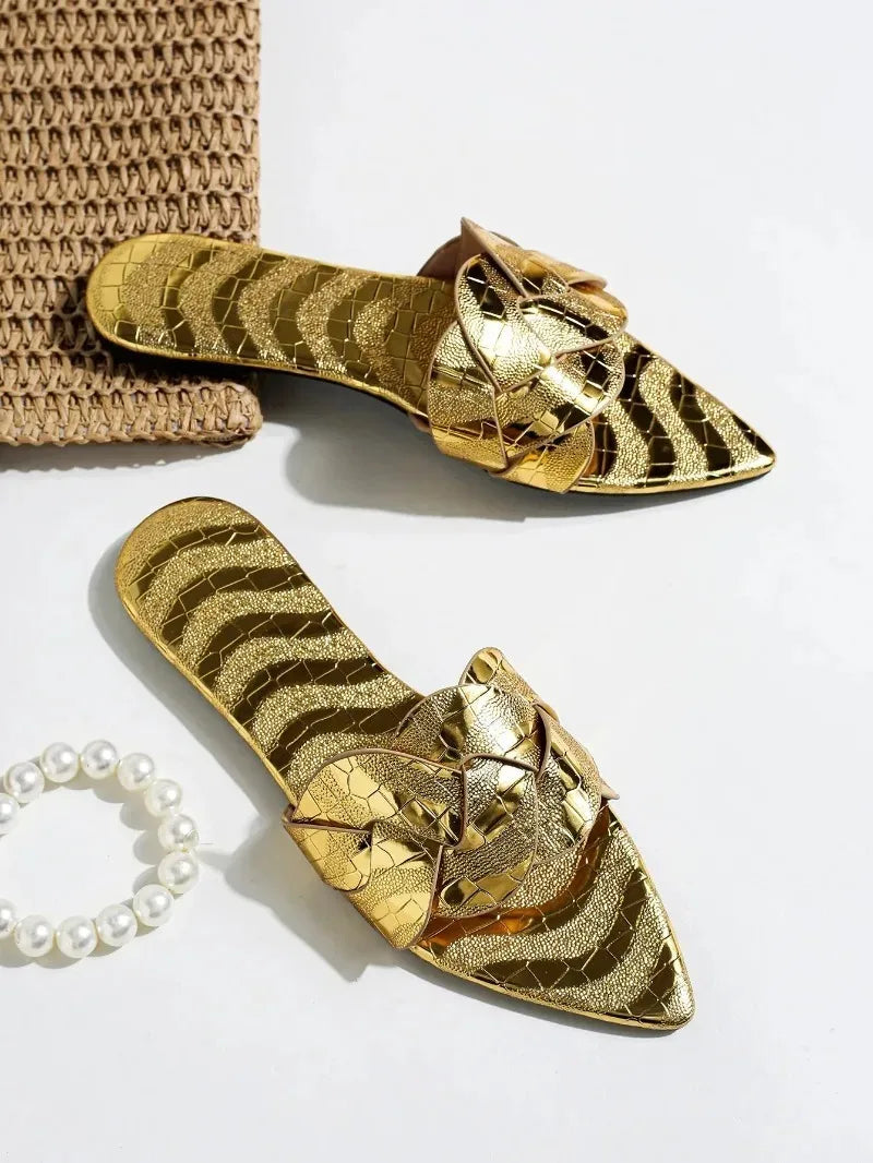 Pointed Toe Gold Silver Flat Sandals Faux Metal Embossed Design Slippers Light Non-Slip Slide Sandals Beach Shoes