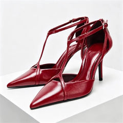 Pointed Toe Patent Leather Pumps Elegant Ankle Strap Buckle Design Thin High Heel