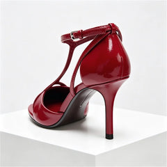 Pointed Toe Patent Leather Pumps Elegant Ankle Strap Buckle Design Thin High Heel