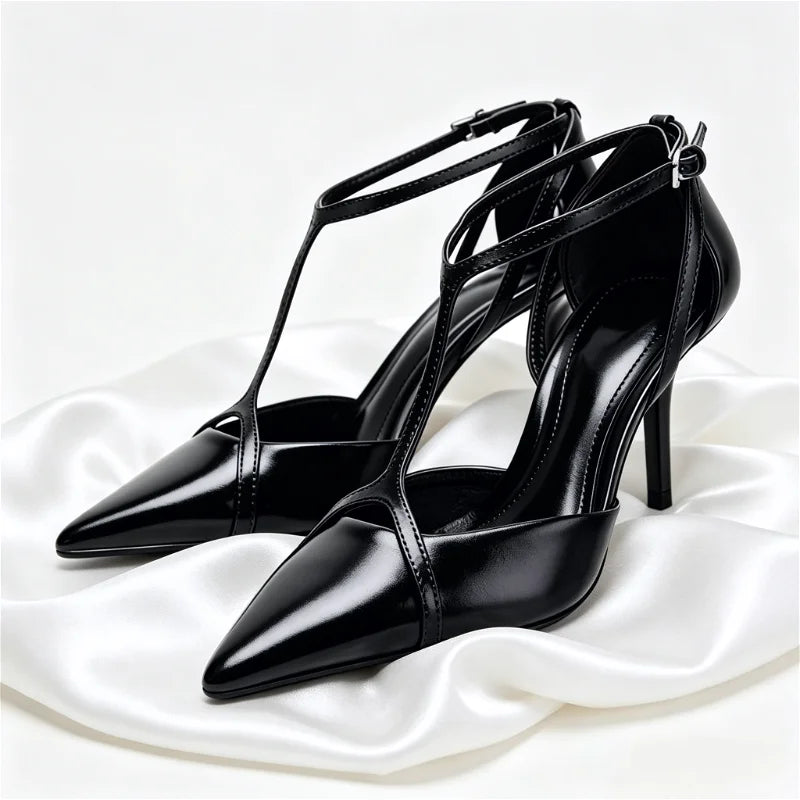 Pointed Toe Patent Leather Pumps Elegant Ankle Strap Buckle Design Thin High Heel