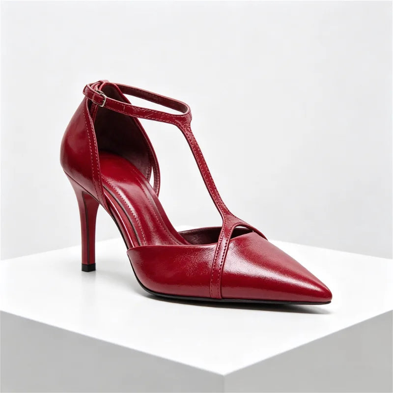 Pointed Toe Patent Leather Pumps Elegant Ankle Strap Buckle Design Thin High Heel