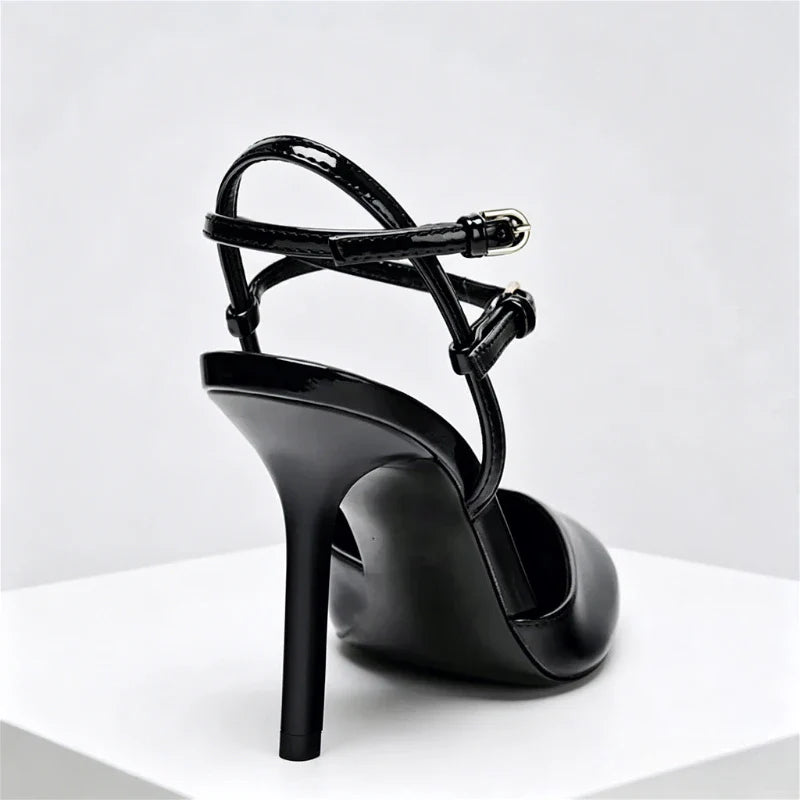 Pointed Toe Patent Leather Pumps Elegant Ankle Strap Buckle High Heel