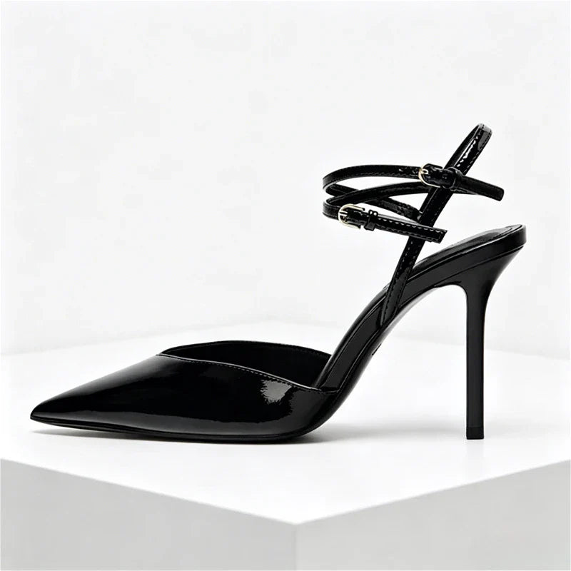 Pointed Toe Patent Leather Pumps Elegant Ankle Strap Buckle High Heel