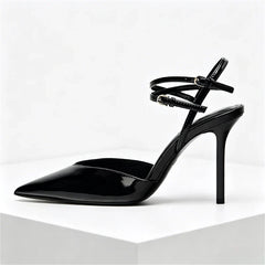 Pointed Toe Patent Leather Pumps Elegant Ankle Strap Buckle High Heel
