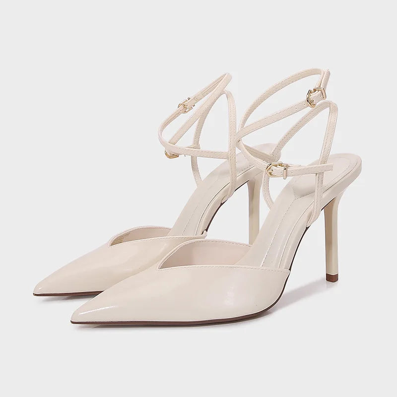 Pointed Toe Patent Leather Pumps Elegant Ankle Strap Buckle High Heel