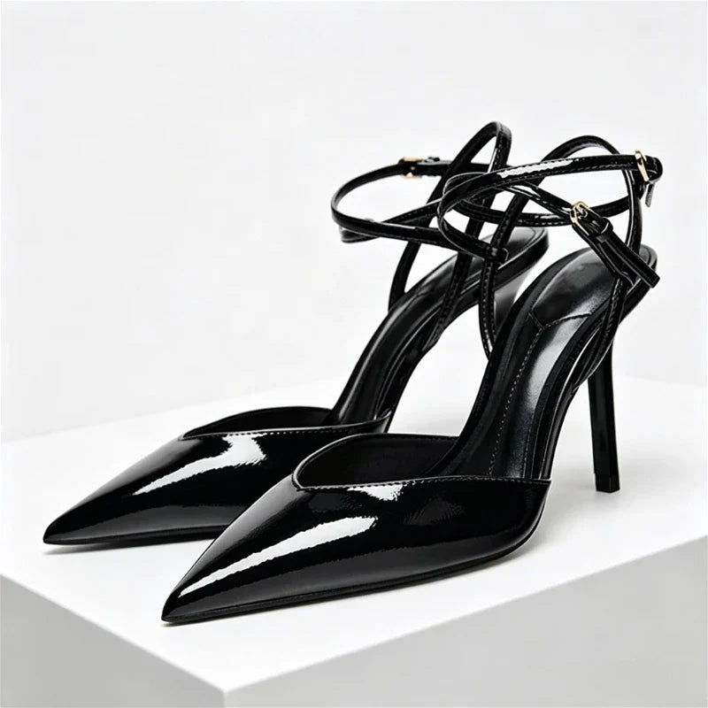 Pointed Toe Patent Leather Pumps Elegant Ankle Strap Buckle High Heel