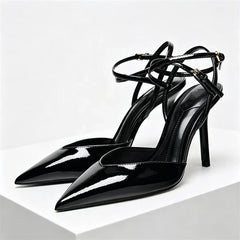 Pointed Toe Patent Leather Pumps Elegant Ankle Strap Buckle High Heel