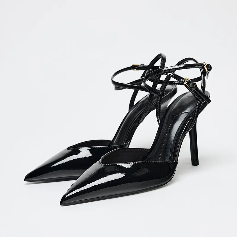 Pointed Toe Patent Leather Pumps Elegant Ankle Strap Buckle High Heel