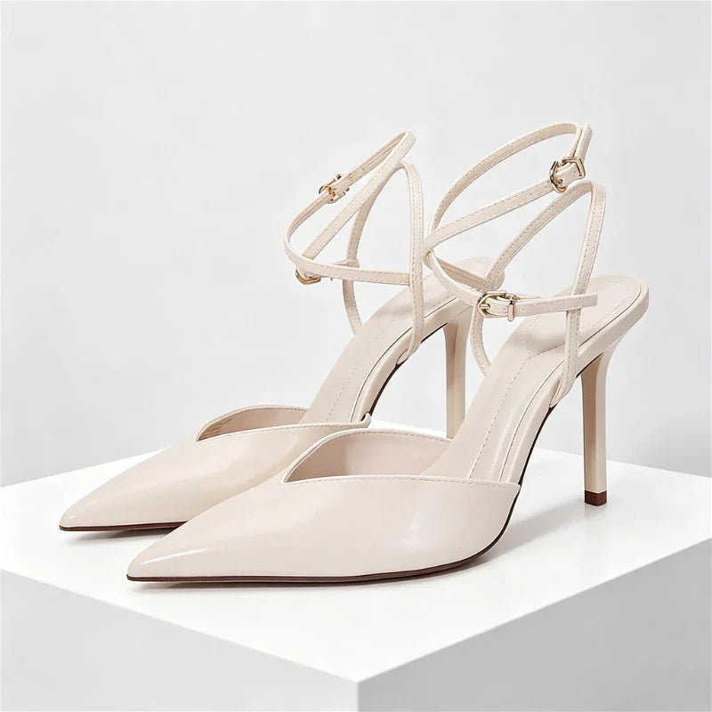 Pointed Toe Patent Leather Pumps Elegant Ankle Strap Buckle High Heel