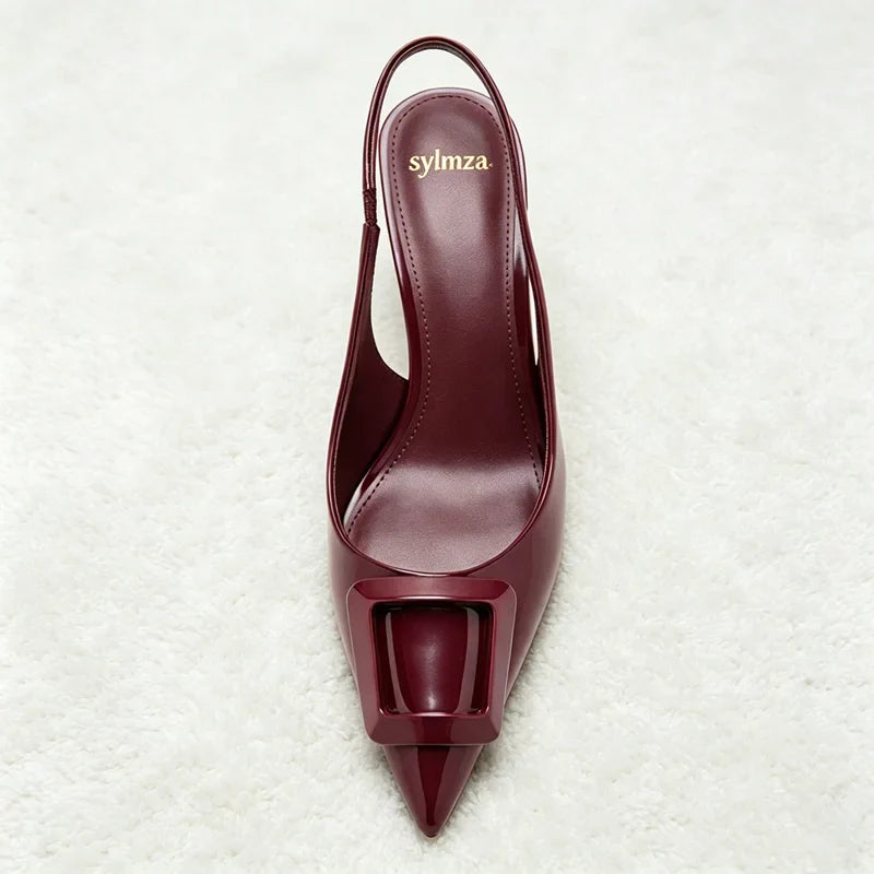 Pointed Toe Patent Leather Pumps Cozy Elastic Strap Slingback Design Stiletto Heel