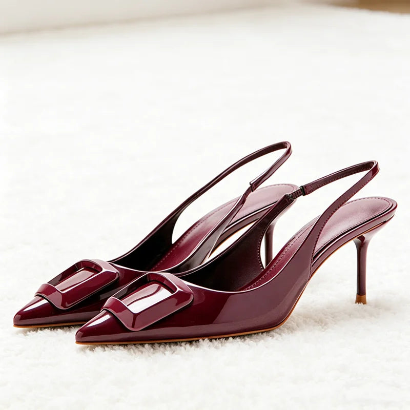 Pointed Toe Patent Leather Pumps Cozy Elastic Strap Slingback Design Stiletto Heel