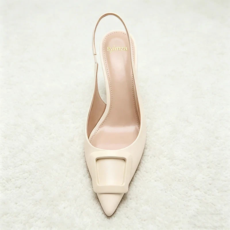 Pointed Toe Patent Leather Pumps Cozy Elastic Strap Slingback Design Stiletto Heel