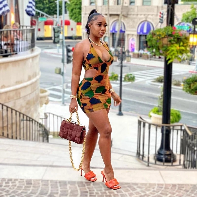 Print Draped Hollow Streetwear Club Party Dress