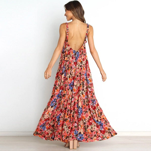 Print Sleeveless Backless Maxi Dress