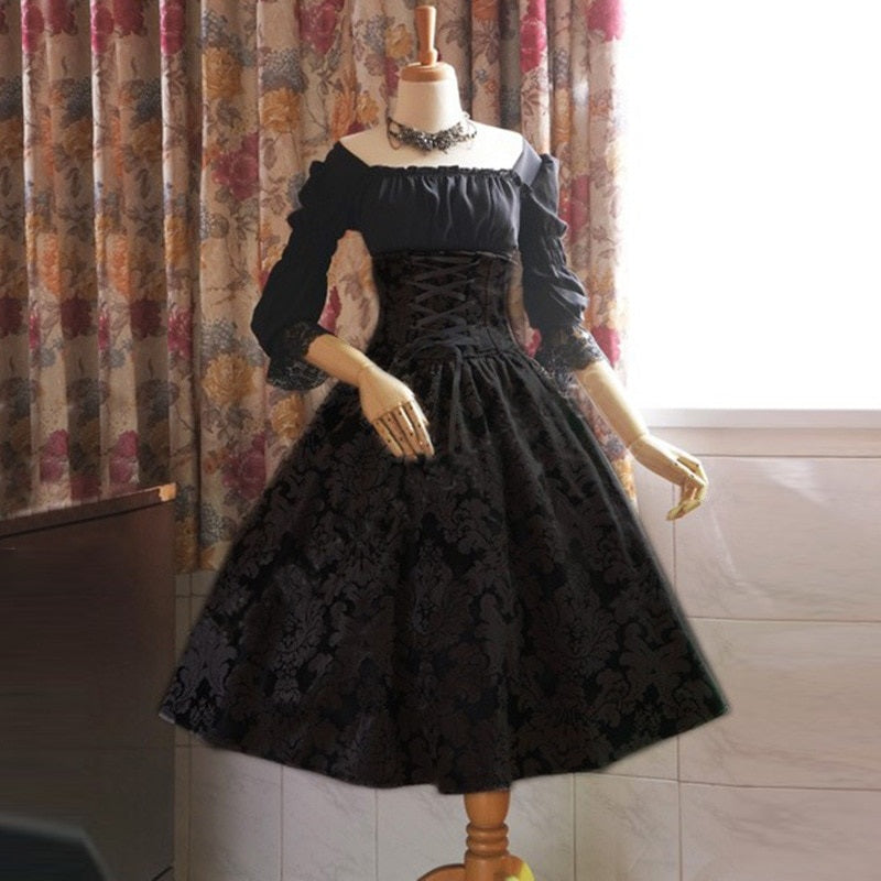 Printed High Waist Long Sleeve Lace Dresses