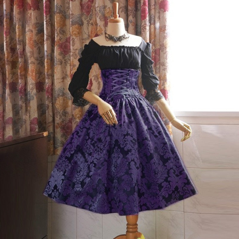 Printed High Waist Long Sleeve Lace Dresses
