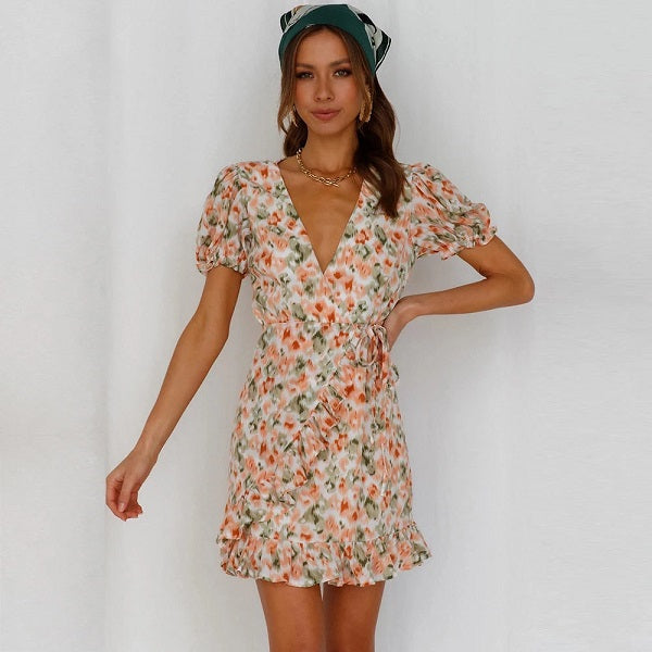 Printed V-neck Ruffles A-line Party Dress
