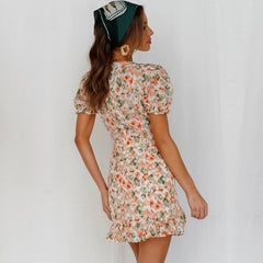 Printed V-neck Ruffles A-line Party Dress