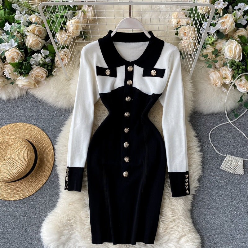 Retro Long Sleeve Button Slim Pencil Bodycon Dresses