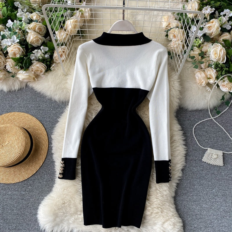 Retro Long Sleeve Button Slim Pencil Bodycon Dresses