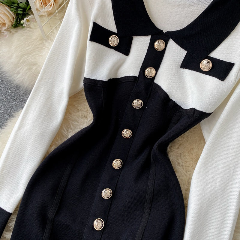 Retro Long Sleeve Button Slim Pencil Bodycon Dresses