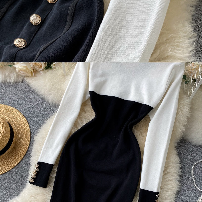 Retro Long Sleeve Button Slim Pencil Bodycon Dresses