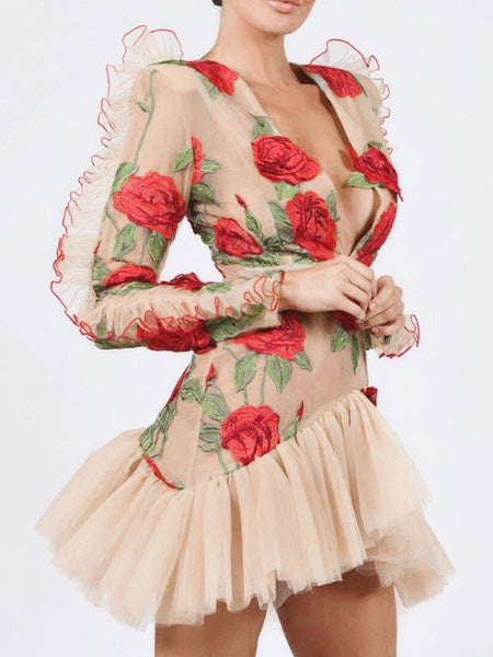 Elegant Flower Embroidered Birthday Party Mini Dress