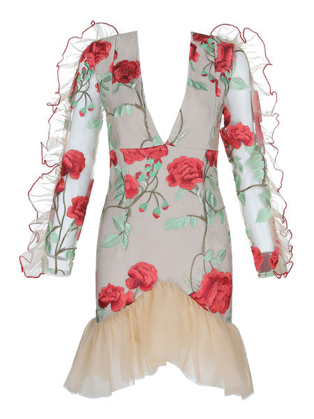 Elegant Flower Embroidered Birthday Party Mini Dress