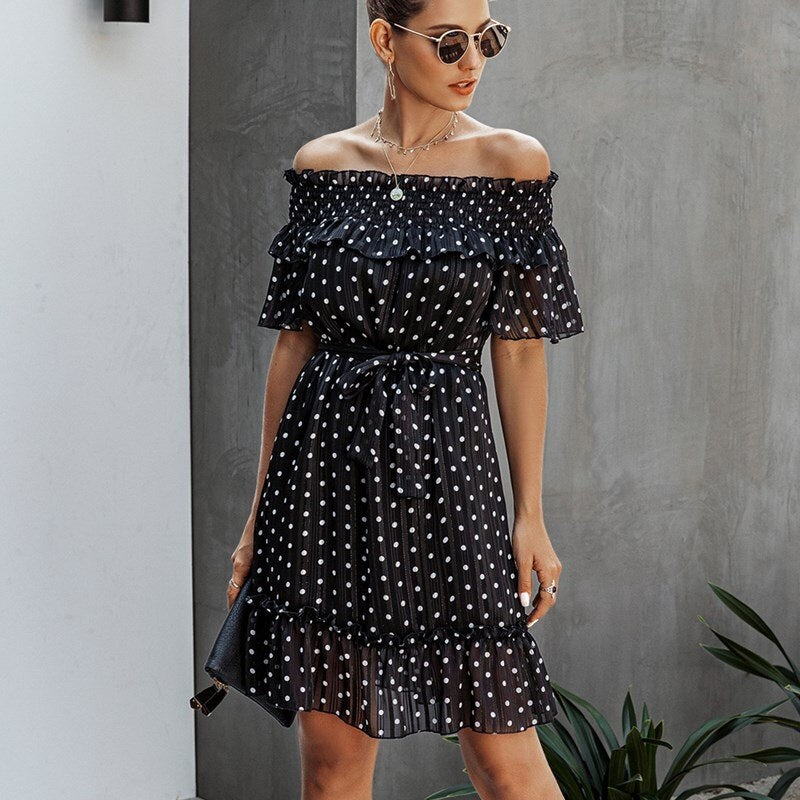 Elegant Ruffle Off Shoulder Sashes Streetwear Mini Dress