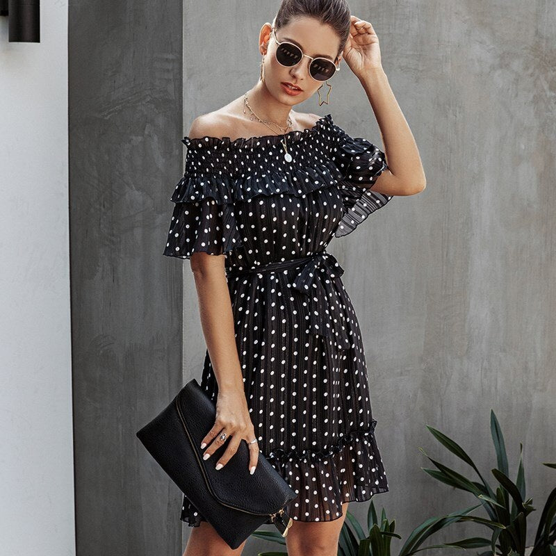 Elegant Ruffle Off Shoulder Sashes Streetwear Mini Dress