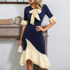 Ruffled Tie-Neck Mermaid Patchwork Party Dress